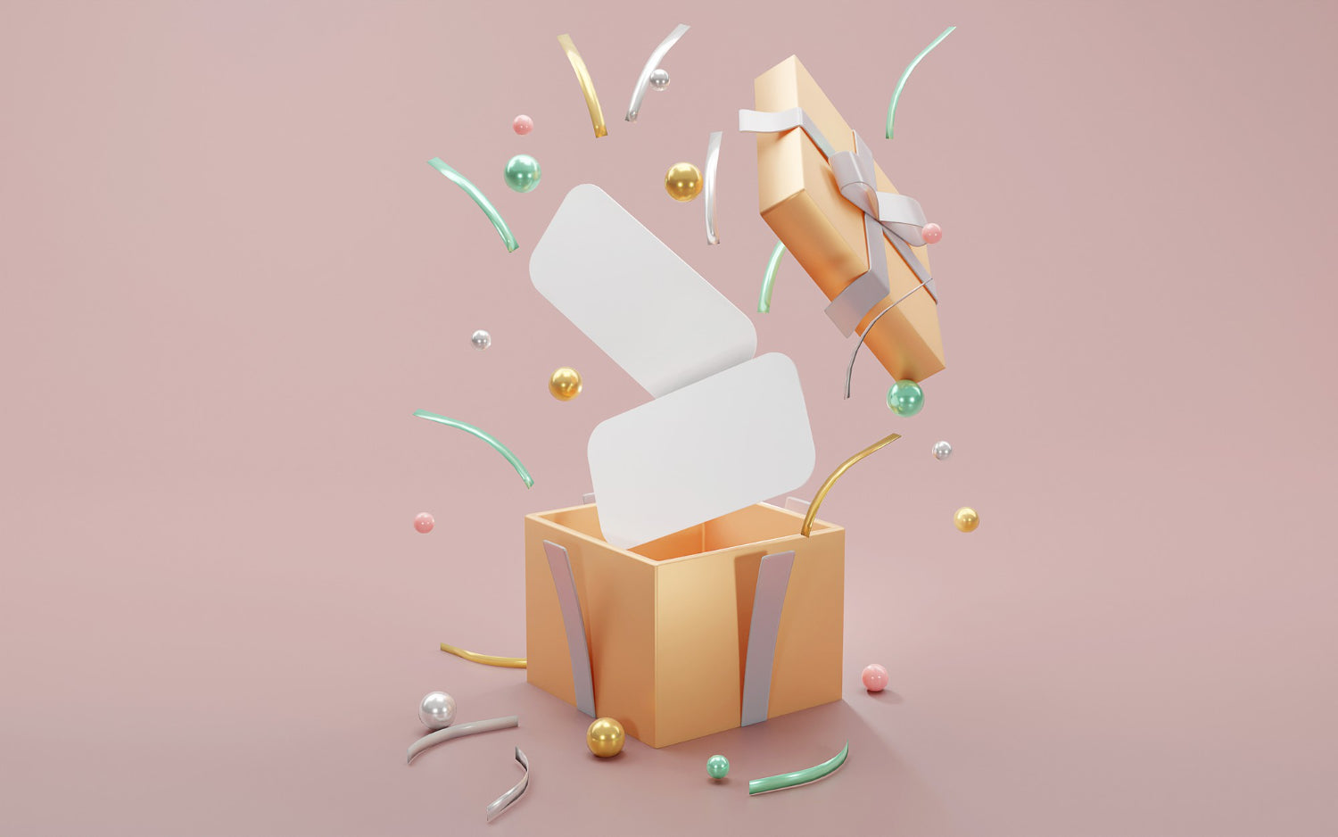 3D rendering of a present box opening up to reveal luxury geometric elements and blank papers.