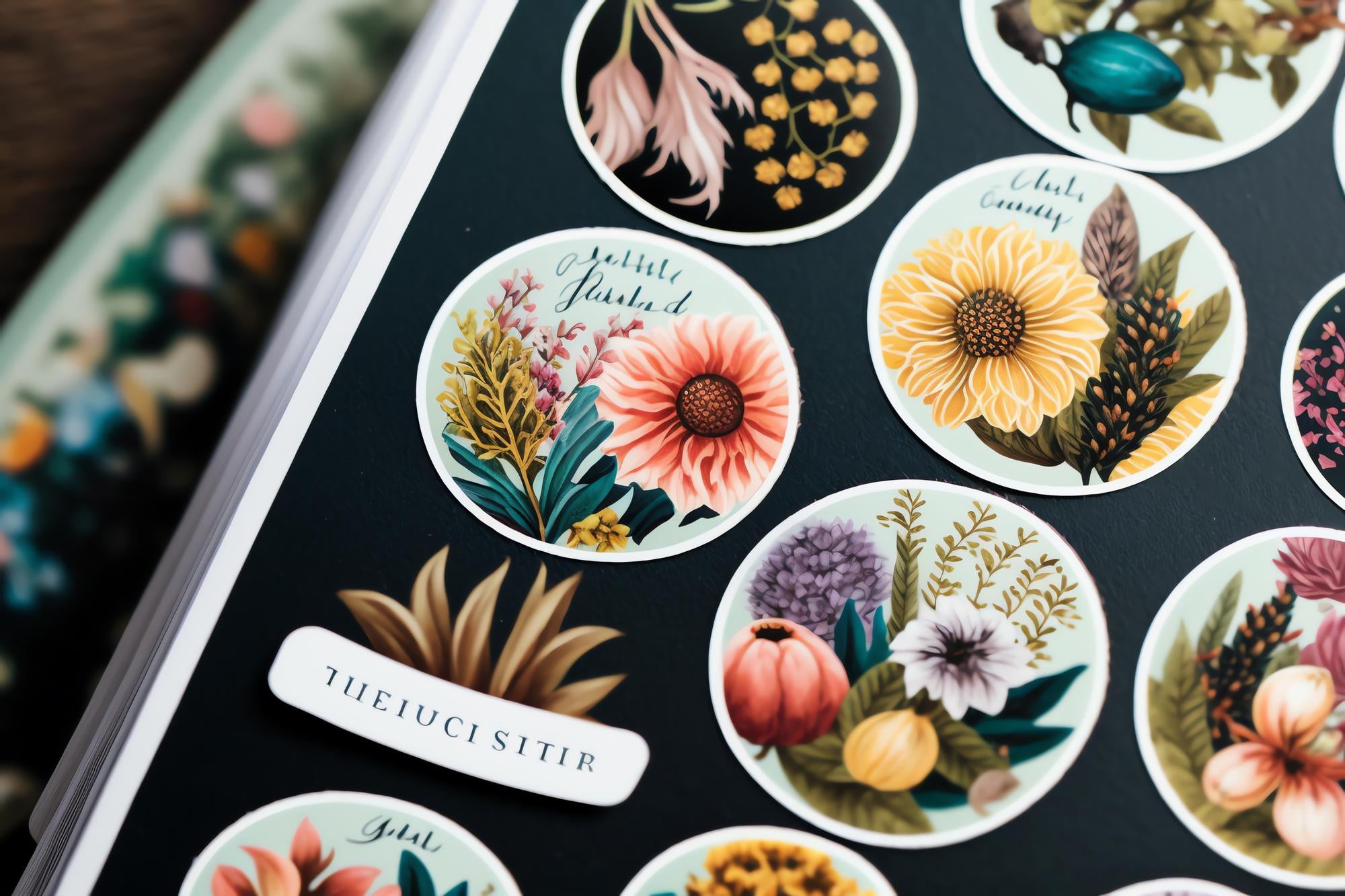 Round stickers with intricate floral patterns in a digital art illustration.