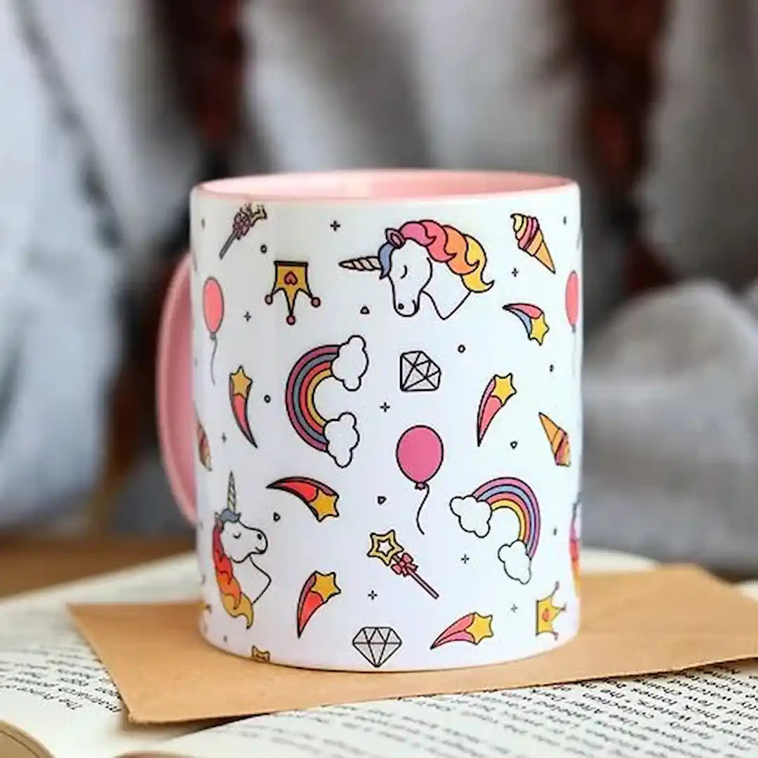 Graphic mug with unicorn design.